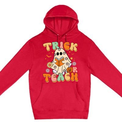 Trick Or Teach Teacher Groovy Halloween Retro Floral Ghost Premium Pullover Hoodie