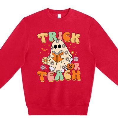 Trick Or Teach Teacher Groovy Halloween Retro Floral Ghost Premium Crewneck Sweatshirt