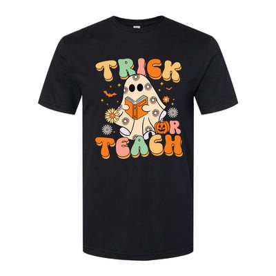 Trick Or Teach Teacher Groovy Halloween Retro Floral Ghost Softstyle CVC T-Shirt