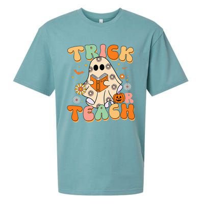 Trick Or Teach Teacher Groovy Halloween Retro Floral Ghost Sueded Cloud Jersey T-Shirt