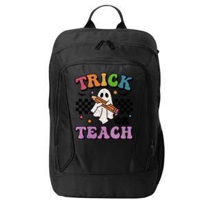 Trick Or Teach Retro Groovy Halloween Floral Ghost Teacher Gift City Backpack