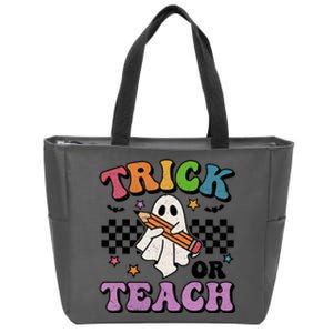 Trick Or Teach Retro Groovy Halloween Floral Ghost Teacher Gift Zip Tote Bag