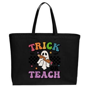 Trick Or Teach Retro Groovy Halloween Floral Ghost Teacher Gift Cotton Canvas Jumbo Tote