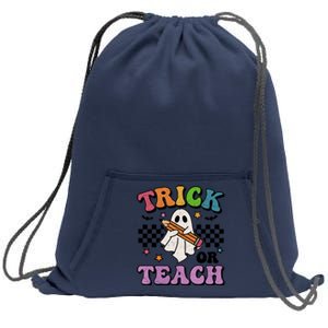 Trick Or Teach Retro Groovy Halloween Floral Ghost Teacher Gift Sweatshirt Cinch Pack Bag