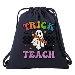 Trick Or Teach Retro Groovy Halloween Floral Ghost Teacher Gift Drawstring Bag