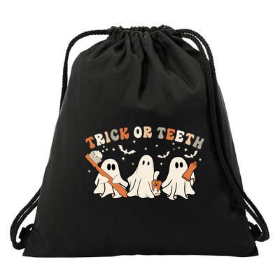 Trick Or Teeth Funny Boo Retro Groovy Style Dental Halloween Cute Gift Drawstring Bag
