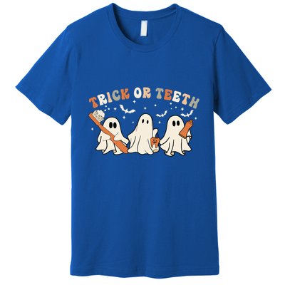 Trick Or Teeth Funny Boo Retro Groovy Style Dental Halloween Cute Gift Premium T-Shirt