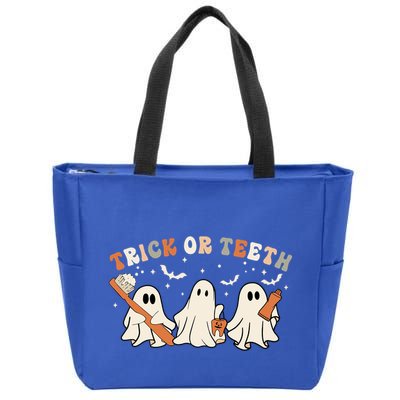 Trick Or Teeth Funny Boo Retro Groovy Style Dental Halloween Cute Gift Zip Tote Bag