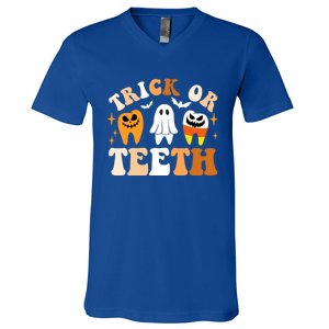 Trick Or Teeth Funny Dental Spooky Halloween Treat Dentist Gift V-Neck T-Shirt