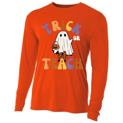 Trick or Teach Retro Groovy Halloween Cute Fun Ghost Teacher Cooling Performance Long Sleeve Crew