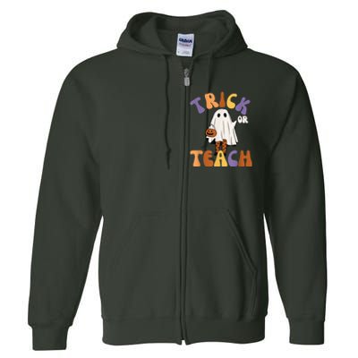 Trick or Teach Retro Groovy Halloween Cute Fun Ghost Teacher Full Zip Hoodie