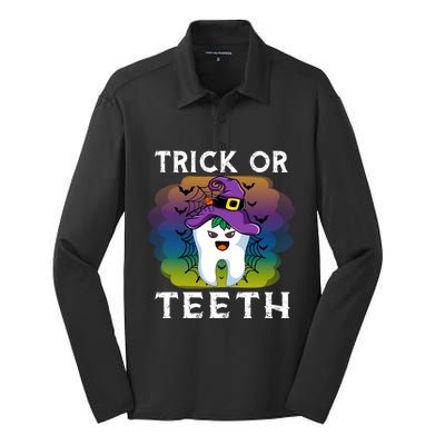 Trick Or Teeth Funny Dentist Halloween Dental Squad Gift Silk Touch Performance Long Sleeve Polo