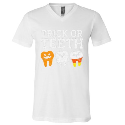 Trick Or Teeth Funny Dental Halloween Treat Dentist Gift V-Neck T-Shirt