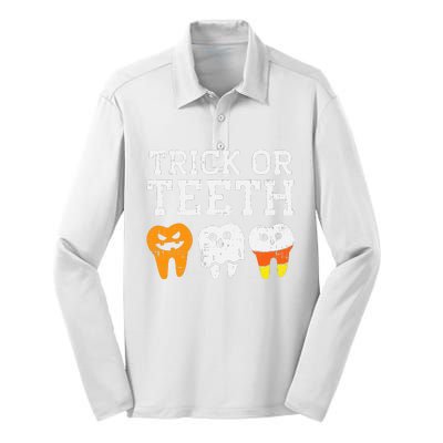 Trick Or Teeth Funny Dental Halloween Treat Dentist Gift Silk Touch Performance Long Sleeve Polo