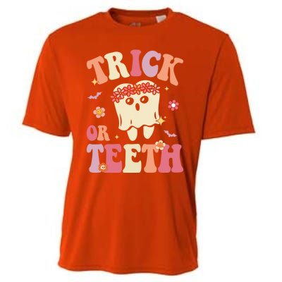 Trick Or Teeth Ghost Groovy Dental Halloween Treat Dentist Gift Cooling Performance Crew T-Shirt