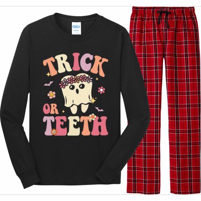 Trick Or Teeth Ghost Groovy Dental Halloween Treat Dentist Gift Long Sleeve Pajama Set