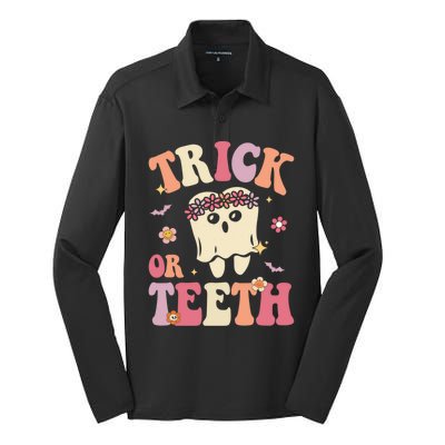 Trick Or Teeth Ghost Groovy Dental Halloween Treat Dentist Gift Silk Touch Performance Long Sleeve Polo