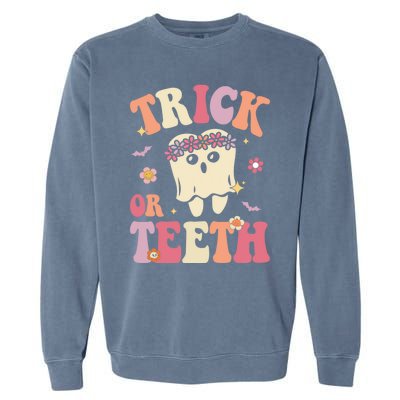 Trick Or Teeth Ghost Groovy Dental Halloween Treat Dentist Gift Garment-Dyed Sweatshirt