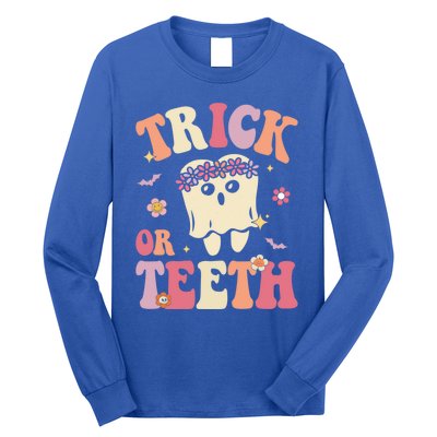 Trick Or Teeth Ghost Groovy Dental Halloween Treat Dentist Gift Long Sleeve Shirt