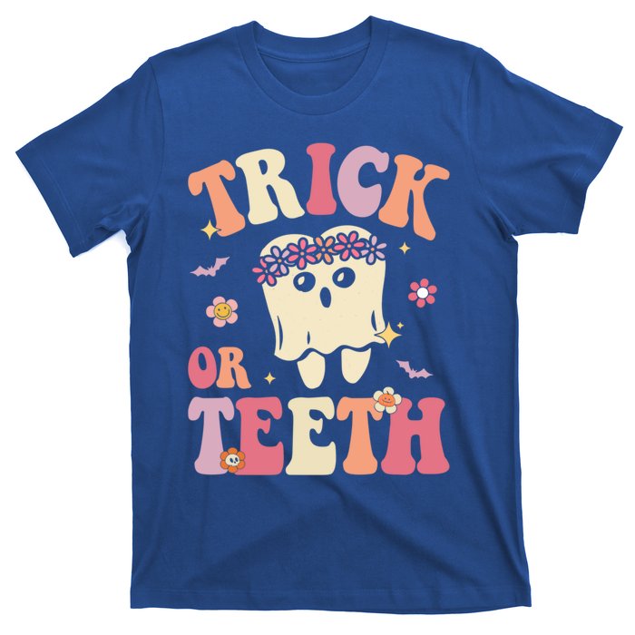 Trick Or Teeth Ghost Groovy Dental Halloween Treat Dentist Gift T-Shirt