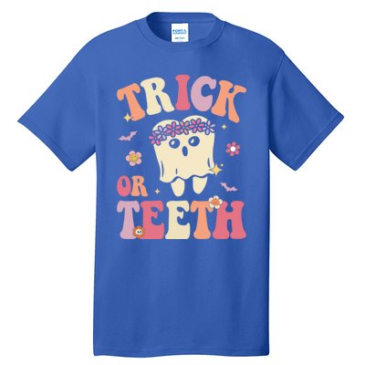 Trick Or Teeth Ghost Groovy Dental Halloween Treat Dentist Gift Tall T-Shirt