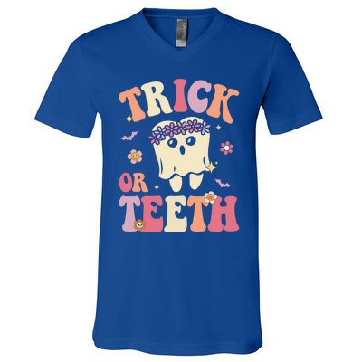 Trick Or Teeth Ghost Groovy Dental Halloween Treat Dentist Gift V-Neck T-Shirt