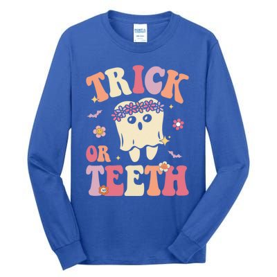 Trick Or Teeth Ghost Groovy Dental Halloween Treat Dentist Gift Tall Long Sleeve T-Shirt