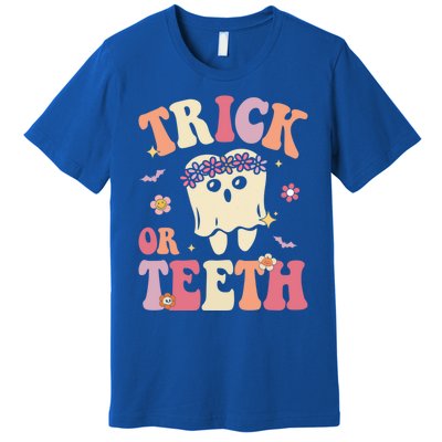 Trick Or Teeth Ghost Groovy Dental Halloween Treat Dentist Gift Premium T-Shirt