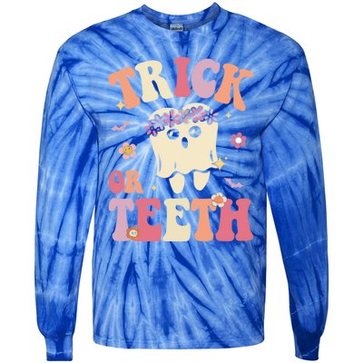 Trick Or Teeth Ghost Groovy Dental Halloween Treat Dentist Gift Tie-Dye Long Sleeve Shirt