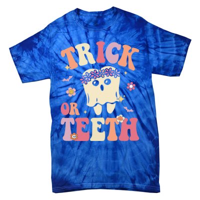 Trick Or Teeth Ghost Groovy Dental Halloween Treat Dentist Gift Tie-Dye T-Shirt