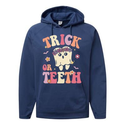 Trick Or Teeth Ghost Groovy Dental Halloween Treat Dentist Gift Performance Fleece Hoodie