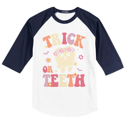 Trick Or Teeth Ghost Groovy Dental Halloween Treat Dentist Gift Baseball Sleeve Shirt