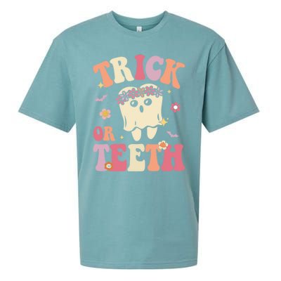 Trick Or Teeth Ghost Groovy Dental Halloween Treat Dentist Gift Sueded Cloud Jersey T-Shirt