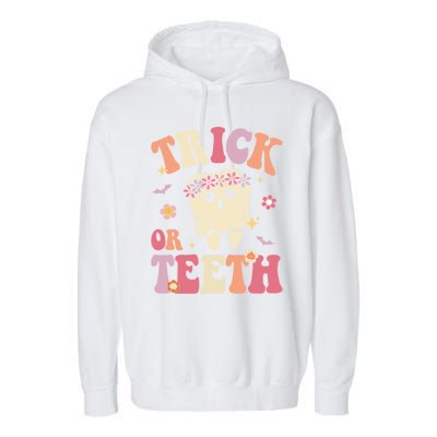 Trick Or Teeth Ghost Groovy Dental Halloween Treat Dentist Gift Garment-Dyed Fleece Hoodie