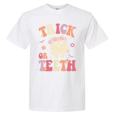 Trick Or Teeth Ghost Groovy Dental Halloween Treat Dentist Gift Garment-Dyed Heavyweight T-Shirt