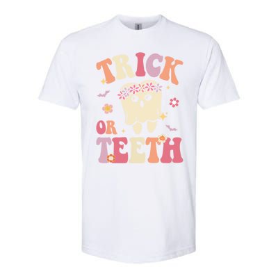 Trick Or Teeth Ghost Groovy Dental Halloween Treat Dentist Gift Softstyle CVC T-Shirt