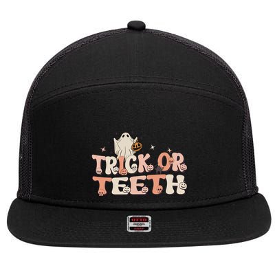 Trick Or Teeth Halloween Retro Spooky Dental Assistant Gift 7 Panel Mesh Trucker Snapback Hat