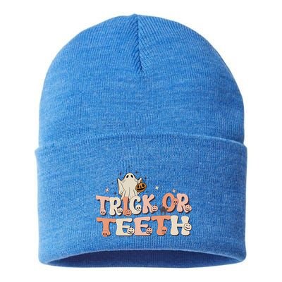 Trick Or Teeth Halloween Retro Spooky Dental Assistant Gift Sustainable Knit Beanie