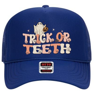 Trick Or Teeth Halloween Retro Spooky Dental Assistant Gift High Crown Mesh Back Trucker Hat