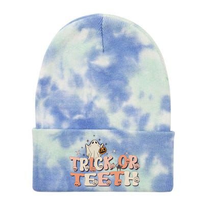 Trick Or Teeth Halloween Retro Spooky Dental Assistant Gift Tie Dye 12in Knit Beanie