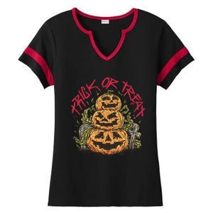 Trick Or Treat Three Pumpkin Design Ladies Halftime Notch Neck Tee