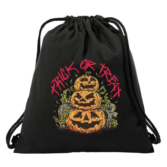 Trick Or Treat Three Pumpkin Design Drawstring Bag