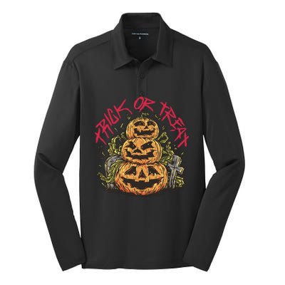 Trick Or Treat Three Pumpkin Design Silk Touch Performance Long Sleeve Polo