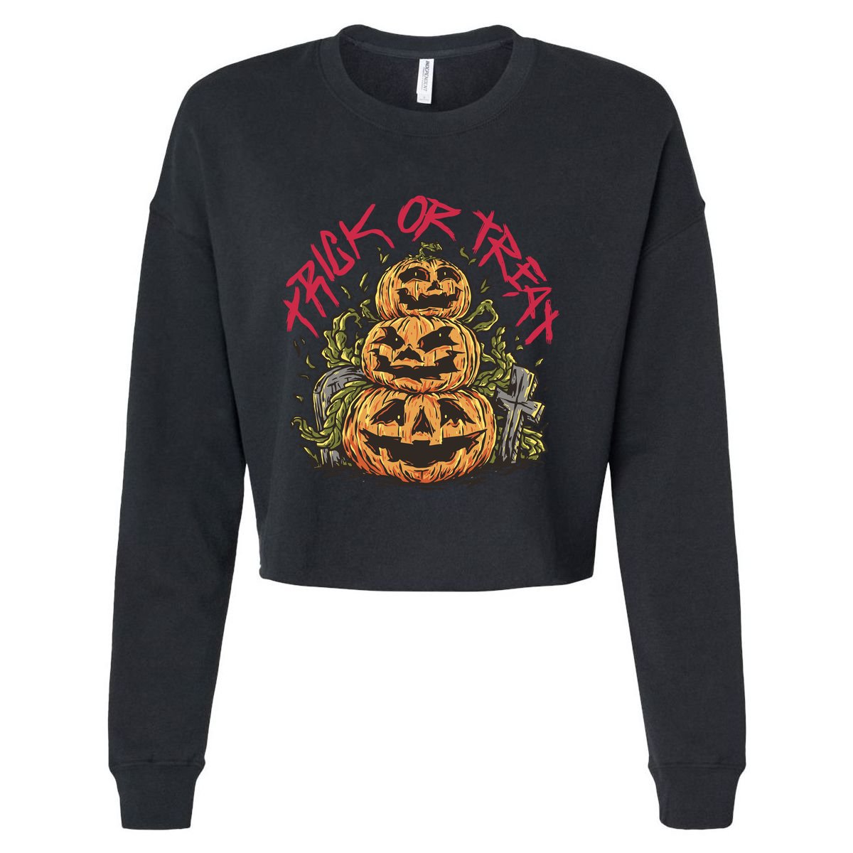 Trick Or Treat Three Pumpkin Design Cropped Pullover Crew