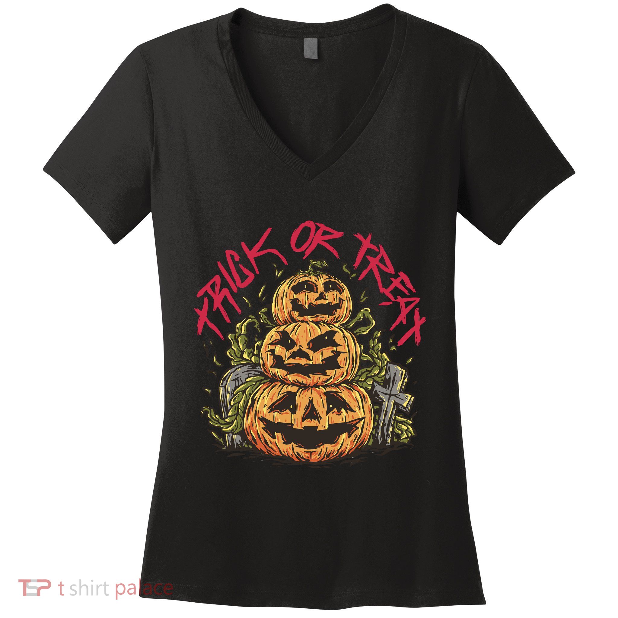 Trick Or Treat Three Pumpkin Design Women's V-Neck T-Shirt