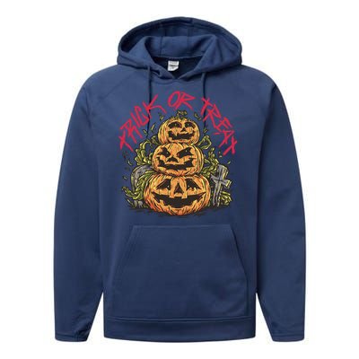 Trick Or Treat Three Pumpkin Design Performance Fleece Hoodie