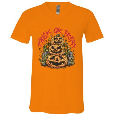 Trick Or Treat Three Pumpkin Design V-Neck T-Shirt