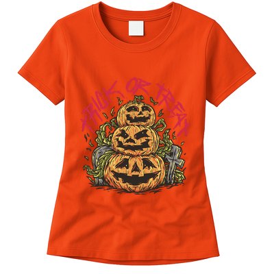 Trick Or Treat Three Pumpkin Design Womens T-Shirt