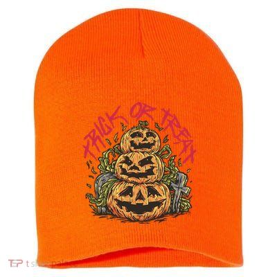 Trick Or Treat Three Pumpkin Design Short Acrylic Beanie
