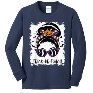 Trick or Teach Cute Halloween Teacher Messy Bun Retro Shades Kids Long Sleeve Shirt